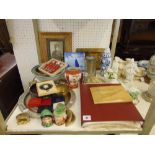 A box of assorted item, WW2 scrap album, medals, Delft, plated items, Pewter tankard and misc.