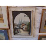 A framed early etching, town scene/ Cathedral scene poss.