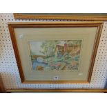 A framed watercolour, English country garden,