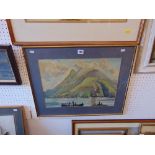 A framed watercolour, mountain/ lake scene,