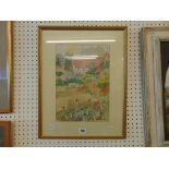 A framed watercolour cottage scene
