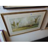 A framed watercolour country scene/ horses,