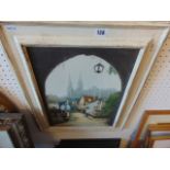 A framed early etching, town scene/ Cathedral scene poss.