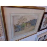 A framed watercolour, village cottage scene, signed,