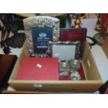A Silver Judaica photo frame, candle sticks, plus a qty of silver plate in photo frames,