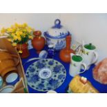 A qty of oddments, inc. blue and white china, pottery vases etc.