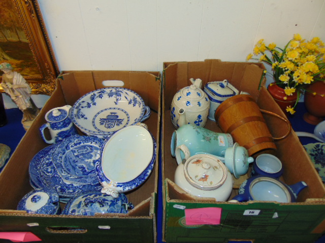 A qty of blue and white china, inc. teapots etc.