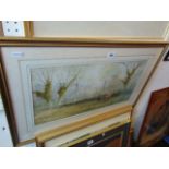 A framed watercolour country scene/ horses,