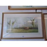 A framed watercolour country scene/ horses,