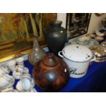 An enamel bread bin and a large lidded pot, vases etc.