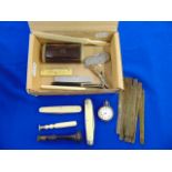 A qty of interesting items; penknives, fob watch, snuff box, cigarette holder, stamp etc.