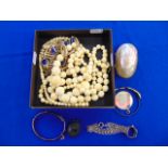 Three bone necklaces, and early Pearl necklace, Mother of Pearl box,