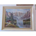 A framed oil on canvas, lakes and mountains,