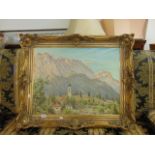 A gilt framed oil on canvas, Alpine scene, 1951,