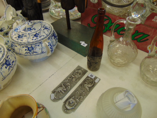 A glass bottle with metal base and two Art Nouveau door plaques - Image 2 of 2