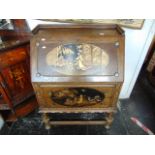 An Oak oriental style lacquered bureau with two drawers