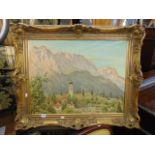 A gilt framed oil on canvas, Mountain scene, 1951,
