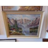 A framed oil on canvas, lakes and mountains,