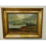 A gilt framed oil on canvas, mountain scene, monogrammed E.M.