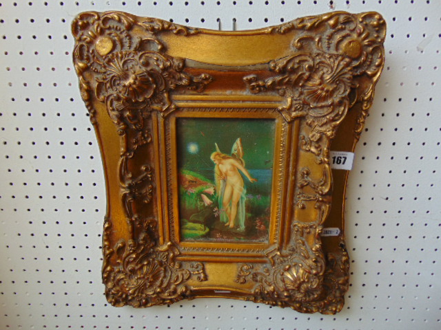 A gilt framed painted tile,