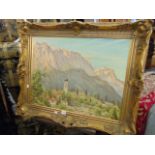 A gilt framed oil on canvas, Mountain scene, 1951,