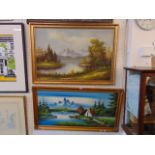 A pair of gilt framed continental mountain/ lake scenes