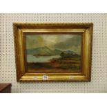 A gilt framed oil on canvas, mountain scene, monogrammed E.M.
