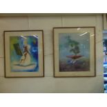 A Pair of oil/ wash, of abstract figures,