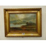 A gilt framed oil on canvas, mountain scene, monogrammed E.M.