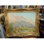 A gilt framed oil on canvas, Mountain scene, 1951,