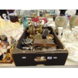 A qty of metal ware, candlesticks etc.