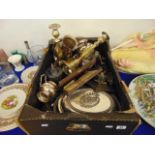 A qty of metal ware, candlesticks etc.