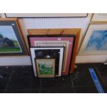 Three framed prints and a watercolour