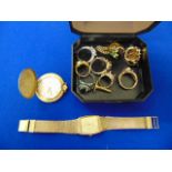 Eight dress rings inc. Silver gilt, pocket watch, cuff links etc.