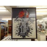 A framed Oriental silk panel print