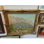 A gilt framed oil on canvas, Mountain scene, 1951,