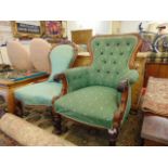 A Victorian armchair on turned legs and a nursing chair