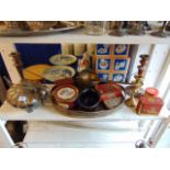 A box of tins, metalware etc,