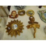 Two wooden Cherub carvings plus others