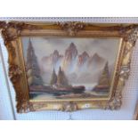 A gilt framed oil, Mountain scene,