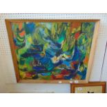 A framed modern oil painting, signed 64,