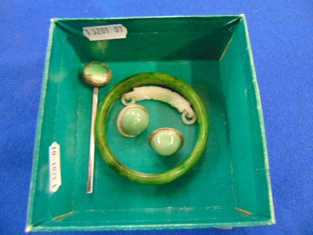 A Jade bangle, 7cm Dia, and other items, earrings,