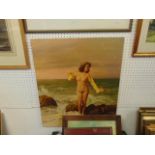 An unframed oil on canvas, nude on beach,