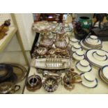 A large plated, tray, candlearbra, coffee pot, sugar bowl, milk jug etc.