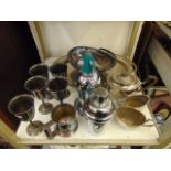 A qty of silver plate; soda siphon, trays, dishes etc.