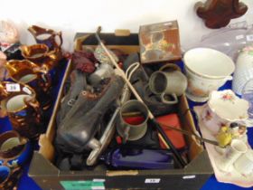 Two boxes of assorted interesting items; early Canadian Ice skates, early photos and etchings,