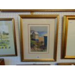 A framed oil painting, beach hut,