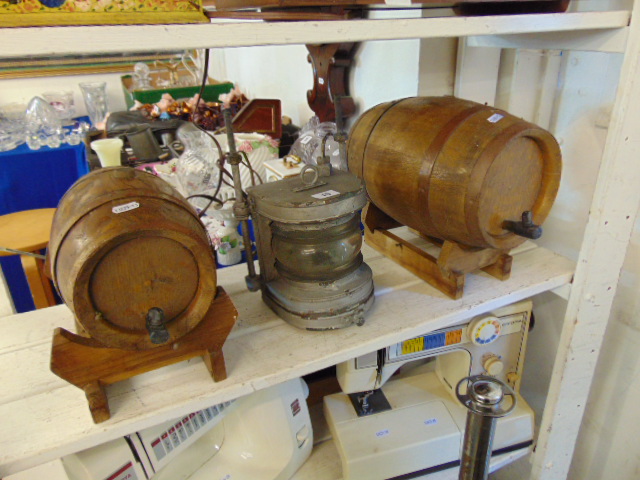 Two vintage barrels and vintage lamp