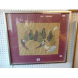 A framed watercolour birds and pears signed