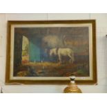 A framed oil on canvas, stable scene, a.